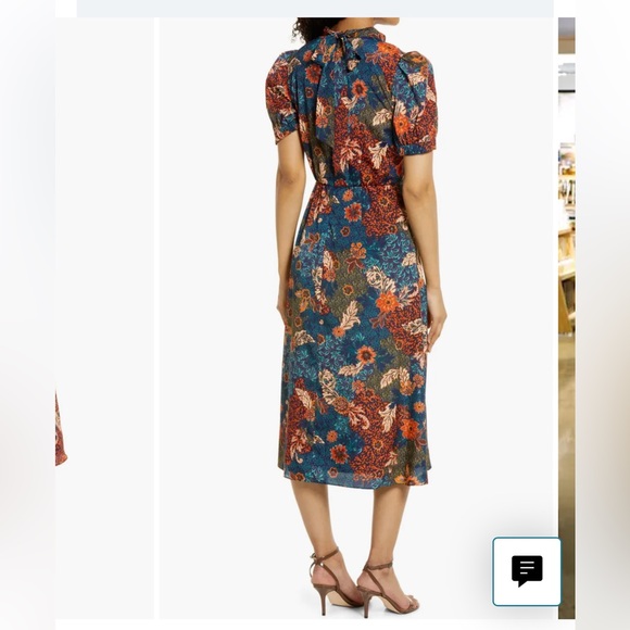 Julia Jordan Navy Fall Floral Puff Sleeve Midi Dress Tie Neck size 2 - Picture 2 of 14